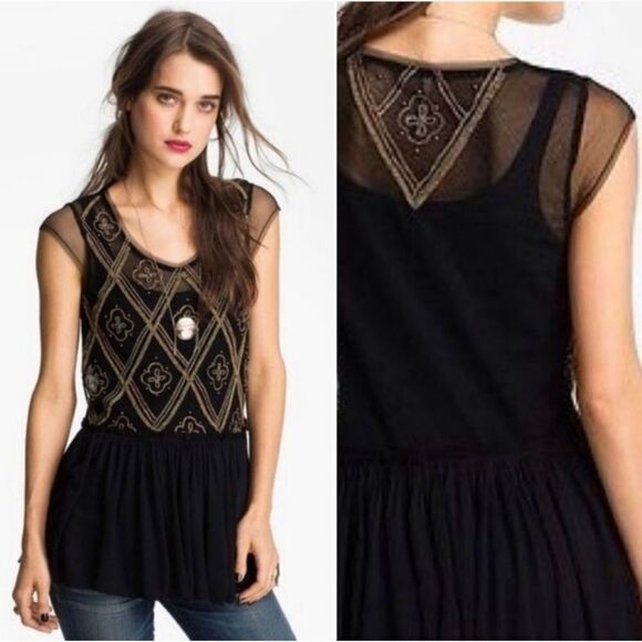 FREE PEOPLE black beaded sheer holiday to India peplum top tinic XS - Picture 12 of 12